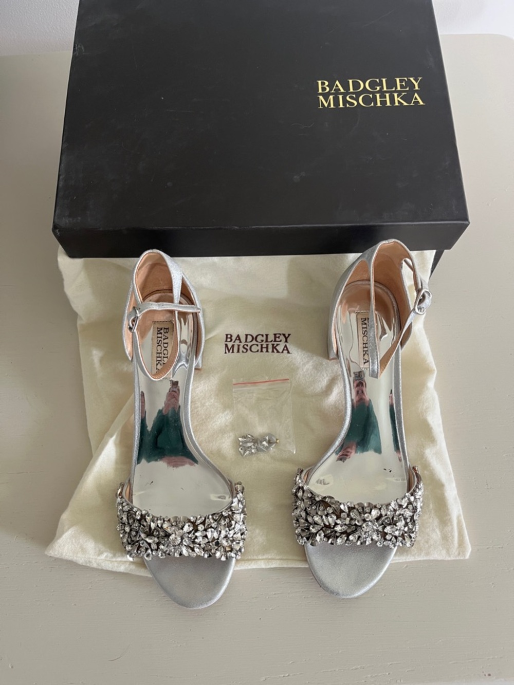 Badgley Mischka Silver Crystal-Embellished Open-Toe Heels
